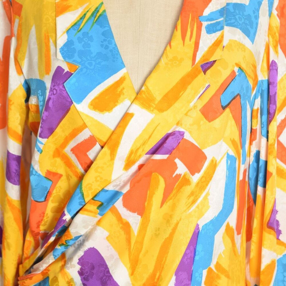vintage 80s silk wrap blouse top shirt white yellow brush stroke print Argenti L - Picture 3 of 10